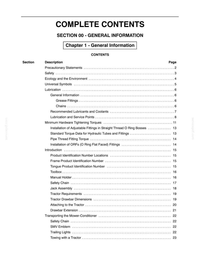 Pu&ograve; includere: Un documento stampato intitolato "COMPLETE CONTENTS" con un sommario. La tabella elenca sezioni come "Sicurezza", "Lubrificazione" e "Requisiti del trattore". Il documento &egrave; una guida o un manuale.