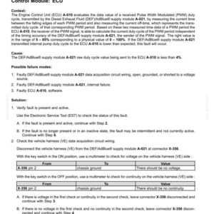 May include: Document detailing a diagnostic fault check for supply module temperature duty cycle failure. Contains context, causes, failure modes, and solution steps. Includes tables for voltage and continuity checks.