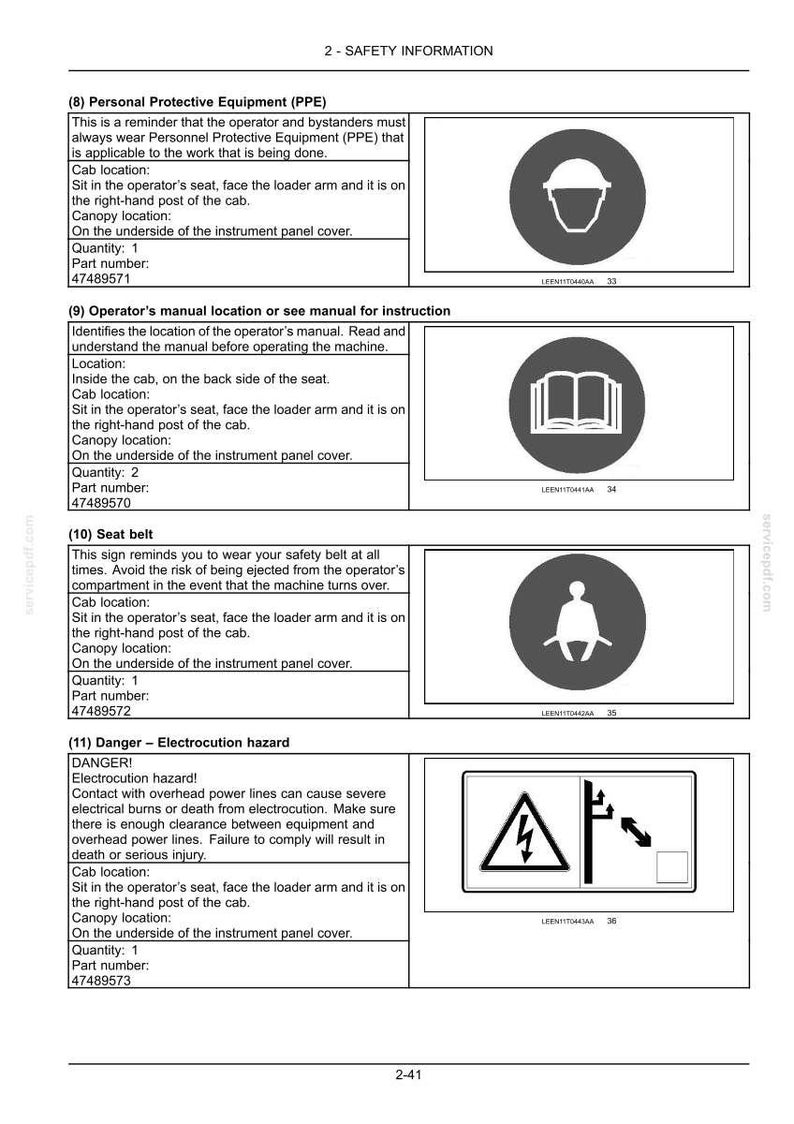 May include: Safety information page with four circular warning symbols. The symbols represent PPE, operator's manual, seat belt, and electrocution hazard. Each symbol is accompanied by text describing the safety measure.