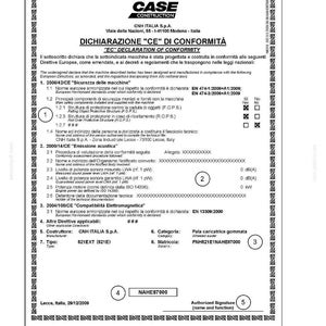 May include: A document with the CASE CONSTRUCTION logo and "EC DECLARATION OF CONFORMITY" in English. It details machine safety, acoustic emissions, and electromagnetic compatibility, with text and numbered sections. Includes a signature.