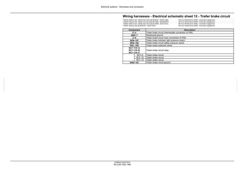 May include: A white page with a table detailing trailer brake circuit components. The table includes columns for component, and description. Text at the top reads "Wiring harnesses - Electrical schematic sheet 12 - Trailer brake circuit."