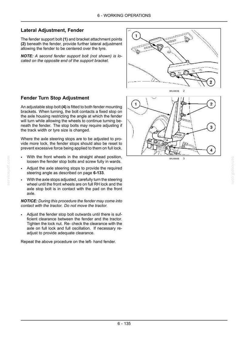 Puede incluir: Una p&aacute;gina de manual t&eacute;cnico titulada 6-WORKING OPERATIONS que detalla los ajustes de los guardabarros. Incluye dos dibujos lineales en blanco y negro con llamadas numeradas del 1 al 4, que ilustran los pernos de soporte y mecanismos.