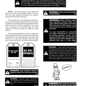 May include: A black and white document with safety rules and warnings. The document includes text, symbols, and illustrations related to machine operation and safety precautions. It features warning tags and instructions.