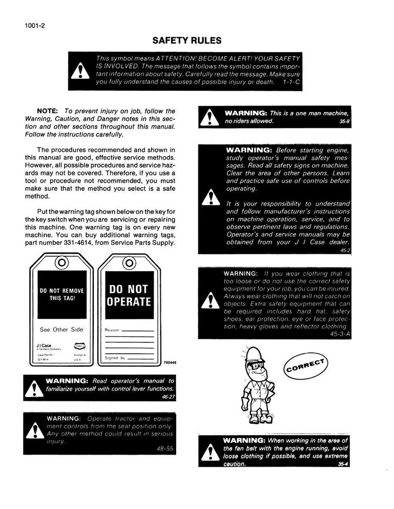 May include: A black and white document with safety rules and warnings. The document includes text, symbols, and illustrations related to machine operation and safety precautions. It features warning tags and instructions.