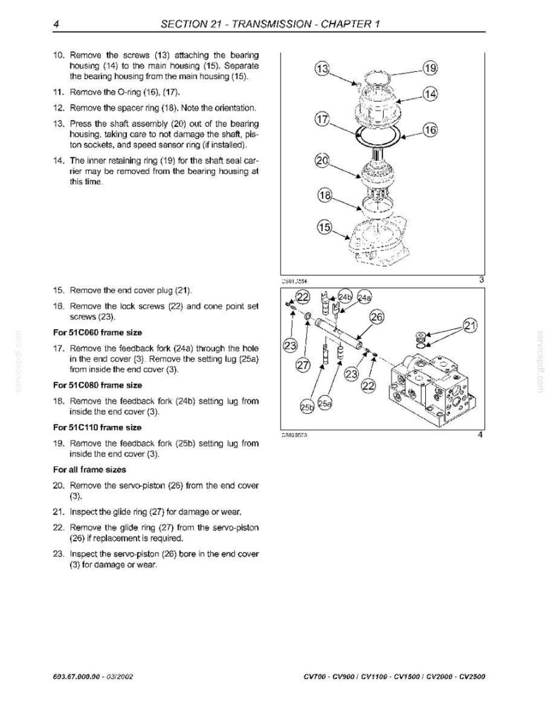May include: Diagram of transmission components with labels and instructions. Includes exploded views of parts like screws, O-rings, and retaining rings. Text details removal and inspection steps for various parts.