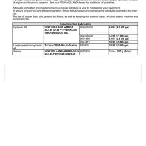 May include: A technical manual page titled 6-MAINTENANCE Consumables LUBRICATION. It features a table listing New Holland lubricants, including Ambra Multi G 134 hydraulic transmission oil, Tutela F200A, and Ambra GR-9 grease with specific part numbers and volumes like 2.5 US gal or 14 oz.