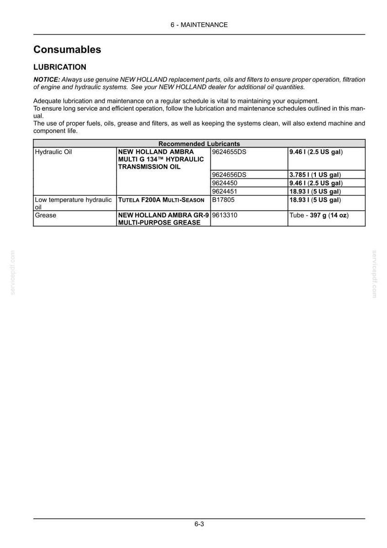 May include: A technical manual page titled 6-MAINTENANCE Consumables LUBRICATION. It features a table listing New Holland lubricants, including Ambra Multi G 134 hydraulic transmission oil, Tutela F200A, and Ambra GR-9 grease with specific part numbers and volumes like 2.5 US gal or 14 oz.