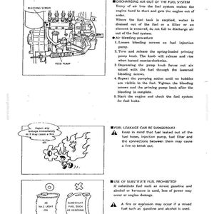 May include: A technical manual page featuring a diagram of a fuel injection pump with a bleeding screw and feed pump, instructions for discharging air from the fuel system, a warning illustration about fuel leakage, and a prohibition on substitute fuels.
