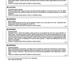 May include: A safety manual page with warnings about hydraulic systems. The page includes warnings about injury, overhead hazards, burns, escaping fluid, and chemical hazards. The text is in black and white.