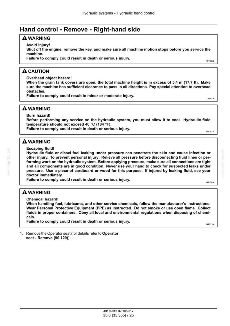 May include: A safety manual page with warnings about hydraulic systems. The page includes warnings about injury, overhead hazards, burns, escaping fluid, and chemical hazards. The text is in black and white.