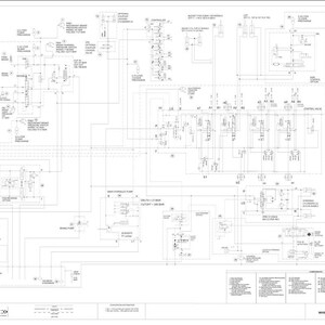 Puede incluir: Esquema t&eacute;cnico detallado del sistema hidr&aacute;ulico de una cargadora de ruedas, en blanco y negro. El diagrama presenta numerosas l&iacute;neas, s&iacute;mbolos y etiquetas interconectadas, que ofrecen una visi&oacute;n general t&eacute;cnica del funcionamiento interno de la m&aacute;quina.