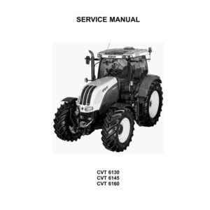 May include: A black and white service manual cover for a Steyr tractor. The text reads STEYR, SERVICE MANUAL, CVT 6130, CVT 6145, CVT 6160, 84477629A 27/05/2011, and EN. The image features a large agricultural tractor with a cab and heavy-duty tires.