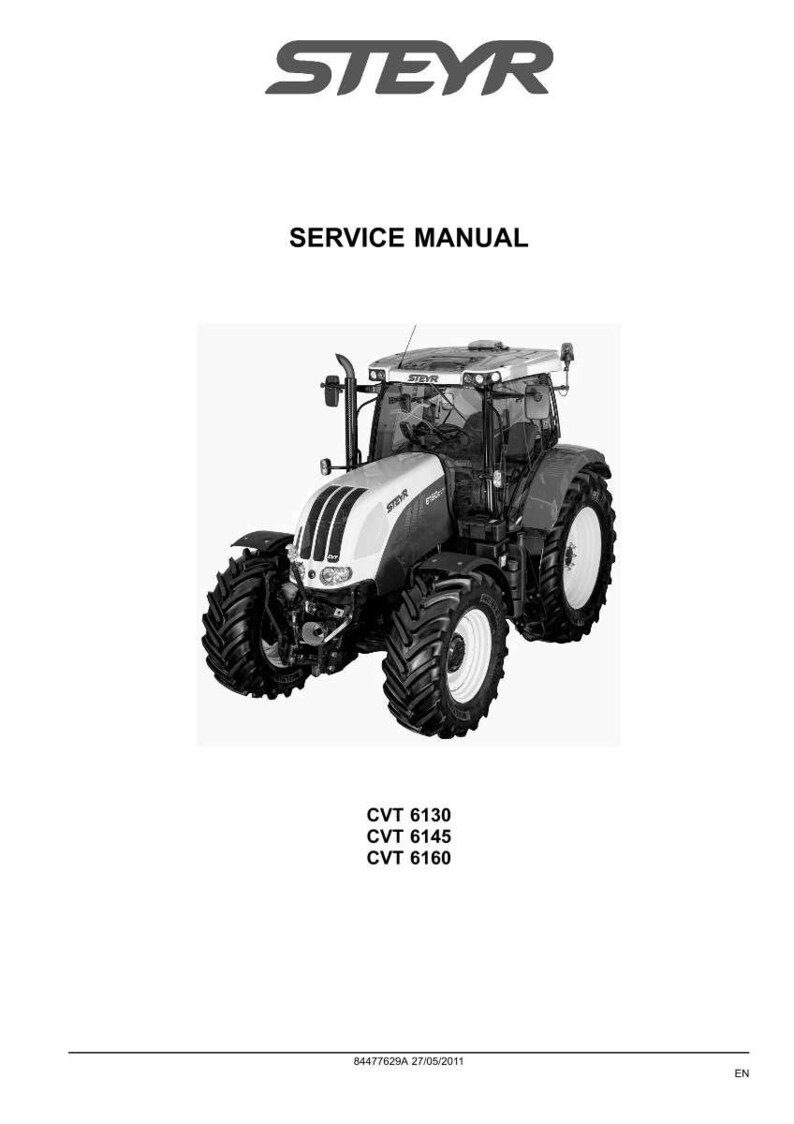 May include: A black and white service manual cover for a Steyr tractor. The text reads STEYR, SERVICE MANUAL, CVT 6130, CVT 6145, CVT 6160, 84477629A 27/05/2011, and EN. The image features a large agricultural tractor with a cab and heavy-duty tires.