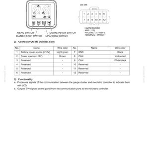 May include: Diagram of a Mechatro Controller, including a gauge cluster with a digital clock display and control buttons. The diagram also shows a connector with wire color details and a description of its functionality.