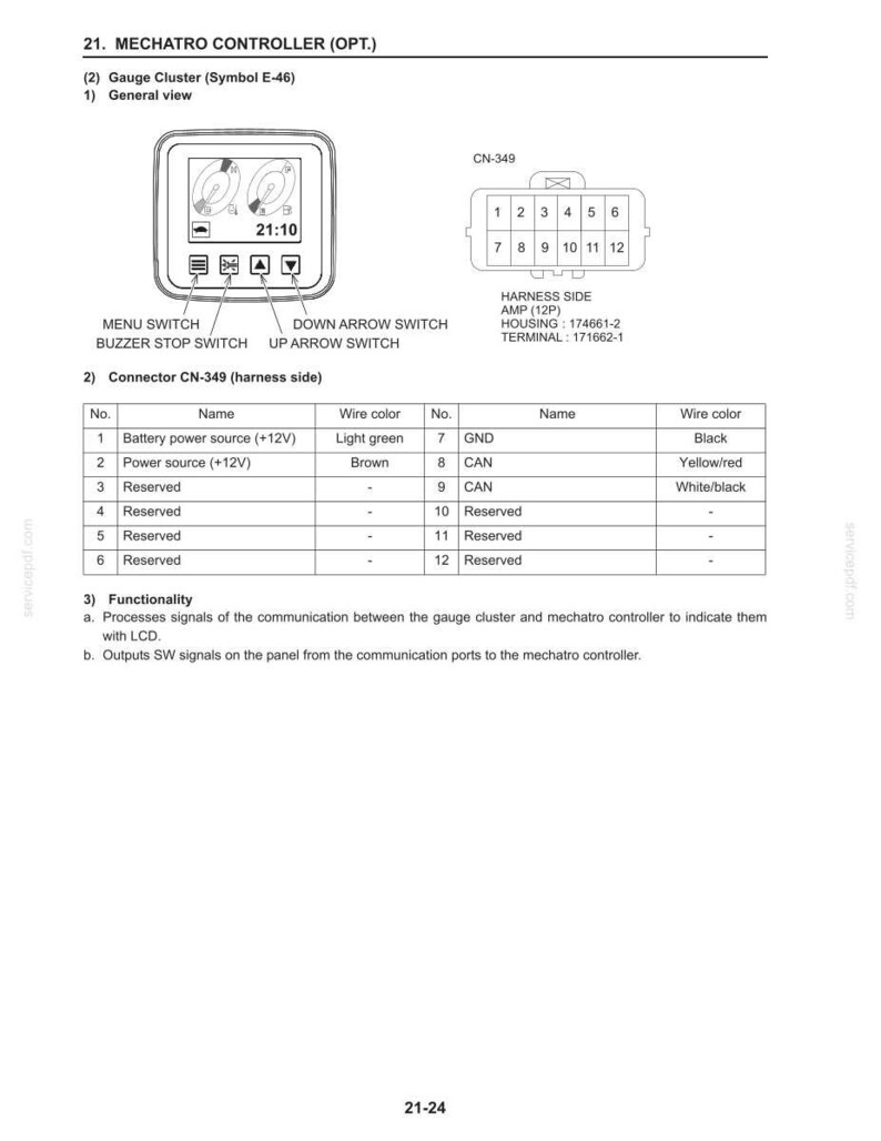 May include: Diagram of a Mechatro Controller, including a gauge cluster with a digital clock display and control buttons. The diagram also shows a connector with wire color details and a description of its functionality.