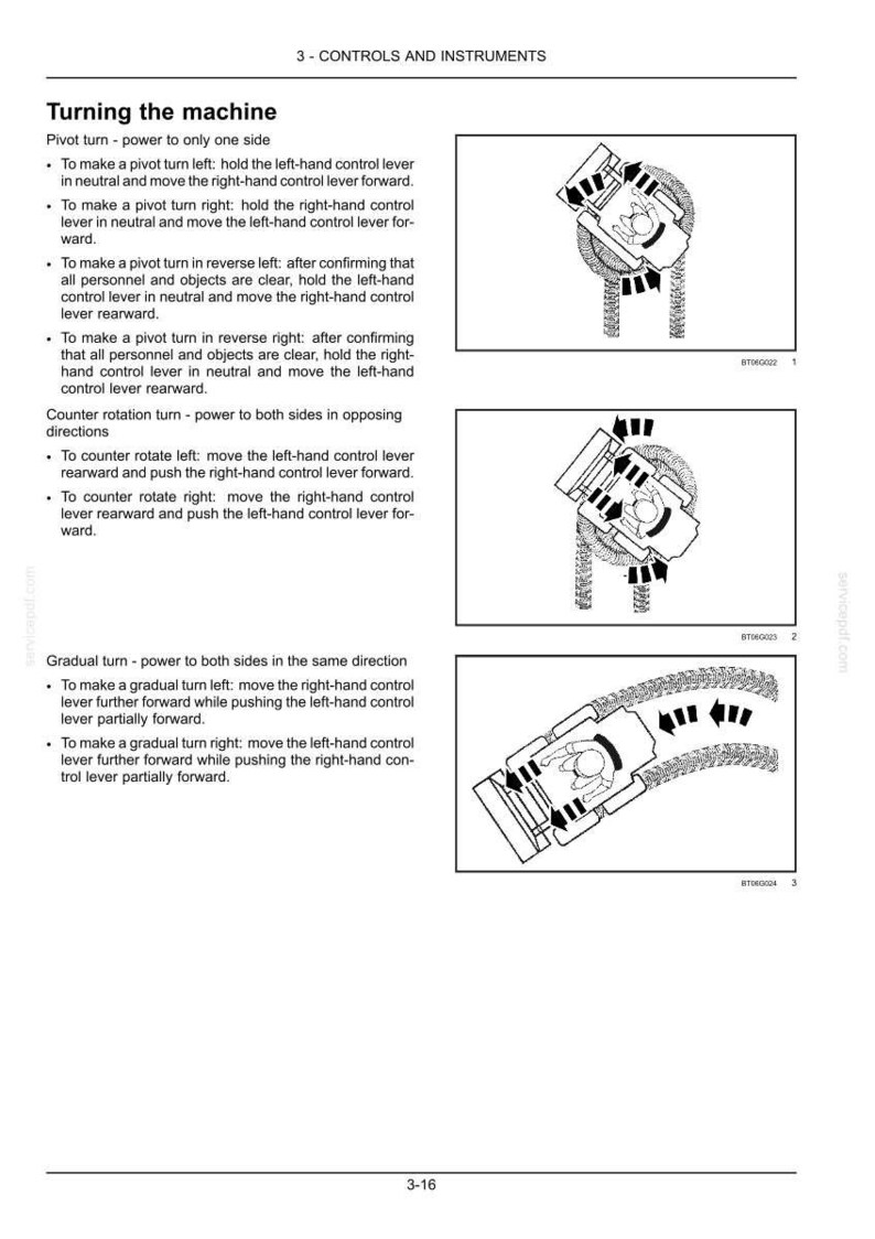 May include: Diagrams illustrating machine controls and instruments. The text explains pivot turns, counter-rotation turns, and gradual turns. The diagrams show the movement of levers and the resulting machine direction. The page is labelled "3 - CONTROLS AND INSTRUMENTS."