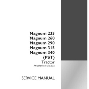 Op de afbeelding: Een witte servicehandleiding voor Magnum-tractoren, inclusief modellen 235, 260, 290, 315 en 340 (PST). De cover toont "SERVICE MANUAL" en het Case IH Agriculture-logo.