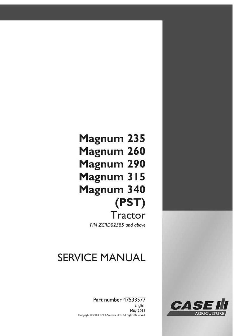 Op de afbeelding: Een witte servicehandleiding voor Magnum-tractoren, inclusief modellen 235, 260, 290, 315 en 340 (PST). De cover toont "SERVICE MANUAL" en het Case IH Agriculture-logo.