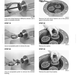 May include: A technical diagram with step-by-step instructions for mechanical repair. The image shows various tools being used on machine components, including gears, bearings, and bushings. Text instructions accompany each step, detailing the process.