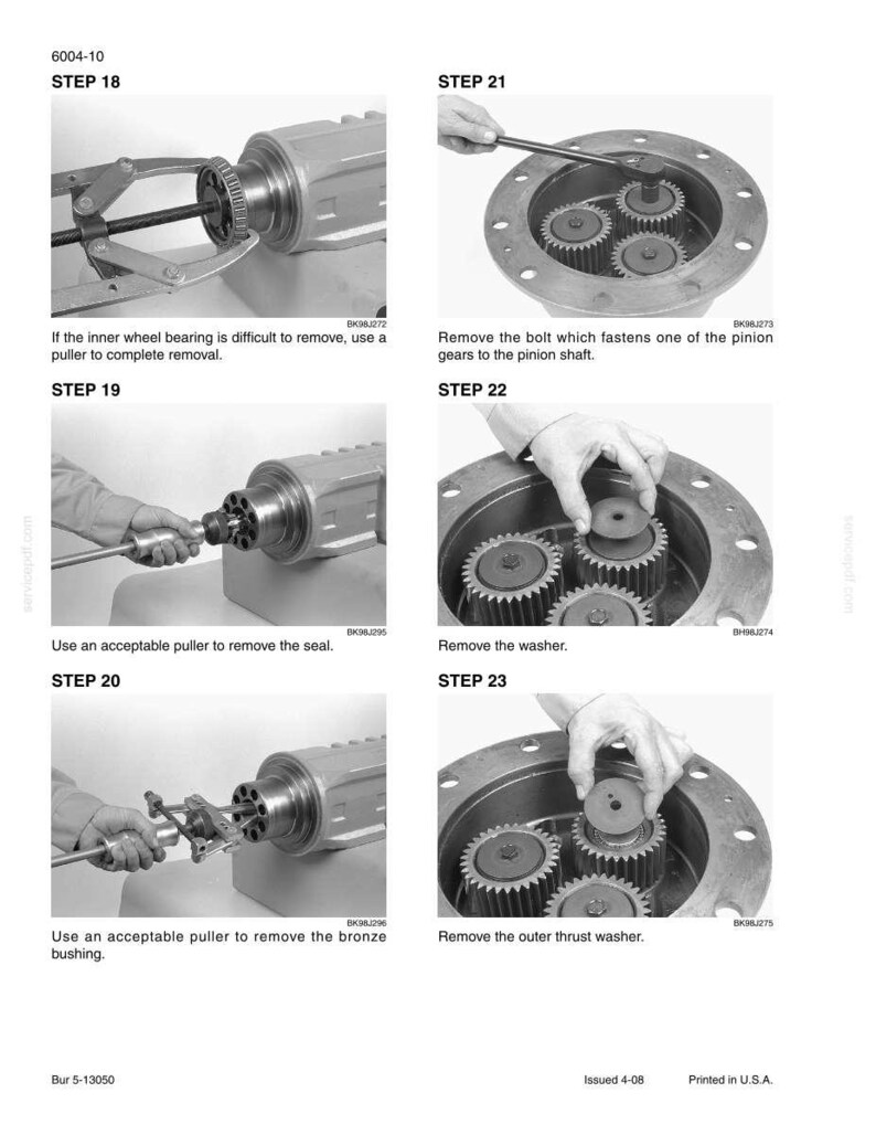 May include: A technical diagram with step-by-step instructions for mechanical repair. The image shows various tools being used on machine components, including gears, bearings, and bushings. Text instructions accompany each step, detailing the process.