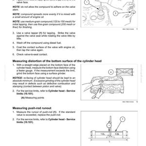 Op de afbeelding: Technische diagrammen en instructies voor het onderhoud van cilinderkoppen. Bevat stappen voor het inslijpen van kleppen, het meten van vervorming en de slingering van de stoterstang. Met gelabelde diagrammen.