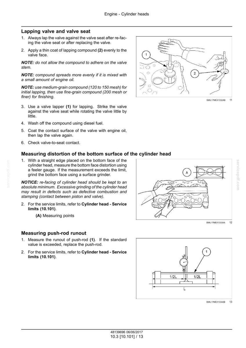 Op de afbeelding: Technische diagrammen en instructies voor het onderhoud van cilinderkoppen. Bevat stappen voor het inslijpen van kleppen, het meten van vervorming en de slingering van de stoterstang. Met gelabelde diagrammen.
