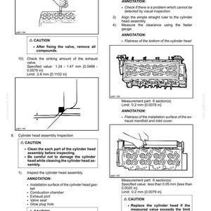 May include: Technical diagrams from a manual showing cylinder head removal and installation. Includes measurements in millimeters, diagrams, and safety warnings. Text provides specifications and limits for components.
