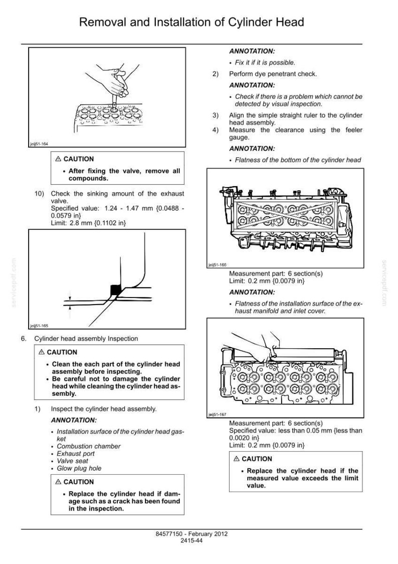 May include: Technical diagrams from a manual showing cylinder head removal and installation. Includes measurements in millimeters, diagrams, and safety warnings. Text provides specifications and limits for components.
