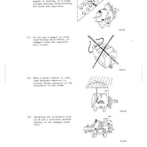 May include: A technical manual page featuring four black and white line drawings illustrating alternator maintenance warnings. The text includes instructions regarding battery connections, high-voltage meters, steam cleaning, and terminal shorting.