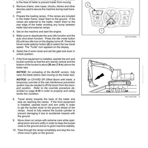 May include: Diagram of an excavator unloading from a transport trailer. The image includes a control panel with icons and a side view of the excavator with its bucket lowered onto a ramp. Text describes the unloading process.