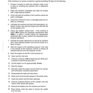 Pu&ograve; includere: Una pagina di un manuale di manutenzione che descrive le procedure di stoccaggio della macchina. Il testo include i passaggi per preparare una macchina per periodi prolungati di inattivit&agrave;, come la pulizia, la lubrificazione e lo scarico dei fluidi. Il documento si intitola "Stoccaggio della macchina."