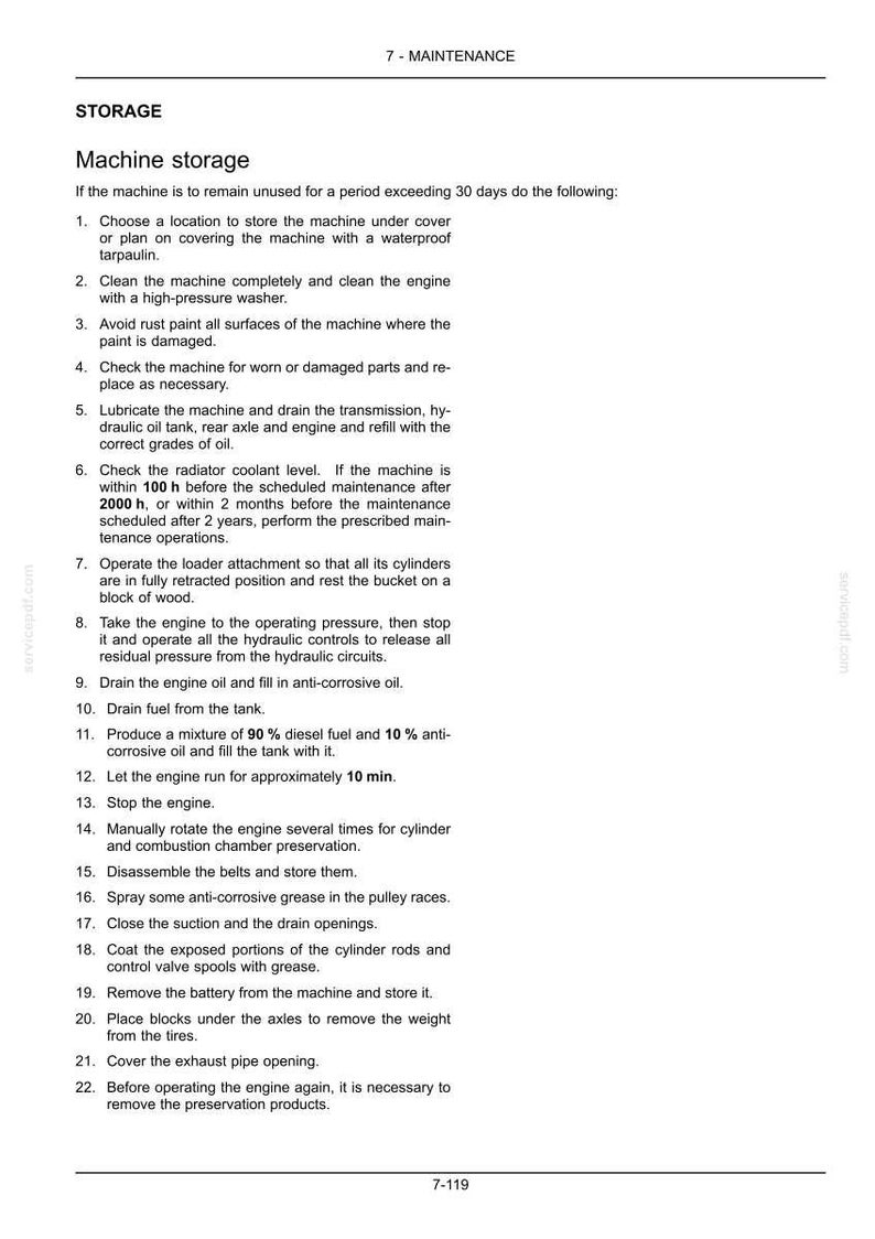 Pu&ograve; includere: Una pagina di un manuale di manutenzione che descrive le procedure di stoccaggio della macchina. Il testo include i passaggi per preparare una macchina per periodi prolungati di inattivit&agrave;, come la pulizia, la lubrificazione e lo scarico dei fluidi. Il documento si intitola "Stoccaggio della macchina."