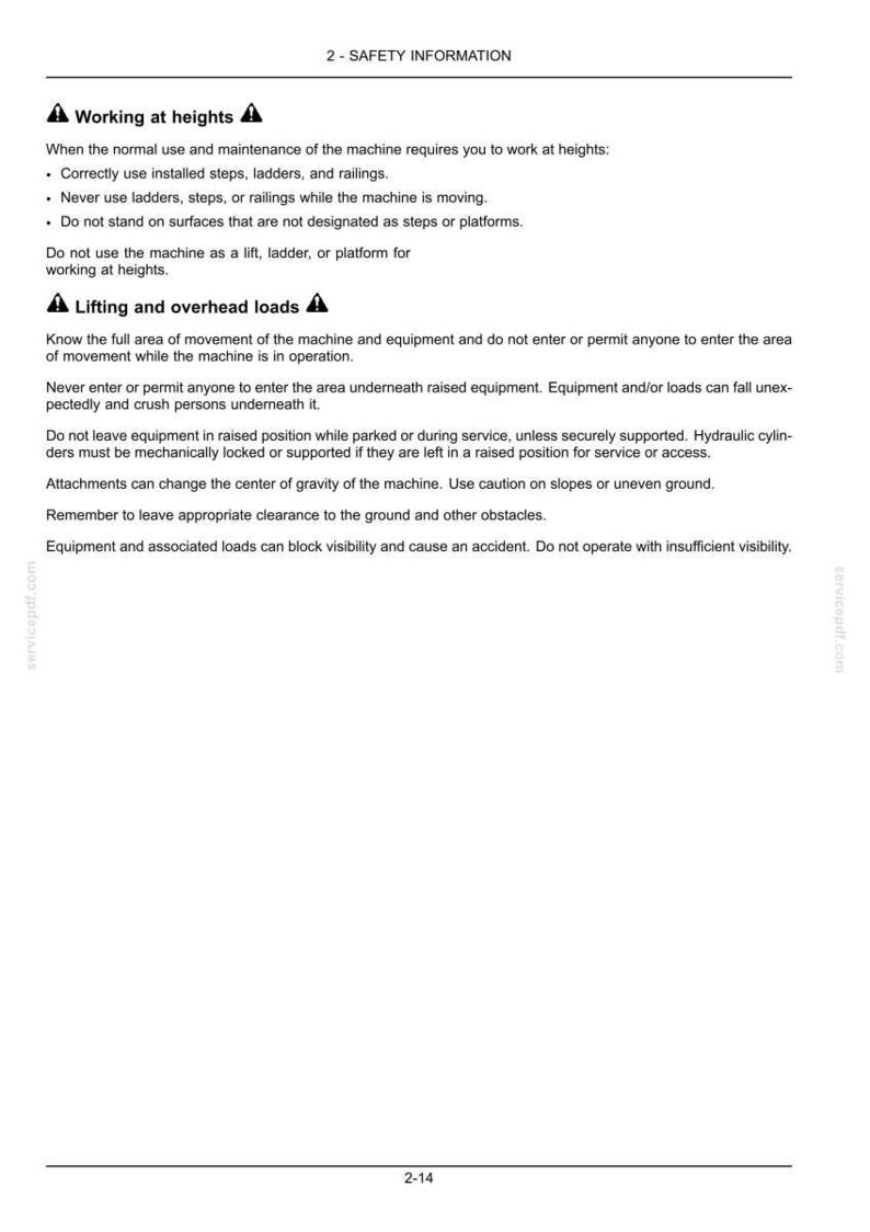 Op de afbeelding: Een pagina uit een veiligheidshandleiding met de titel "2 - VEILIGHEIDSINFORMATIE". De tekst bevat waarschuwingen over werken op hoogte en hijslasten, met opsommingstekens die veiligheidsmaatregelen beschrijven. De pagina heeft een witte achtergrond.