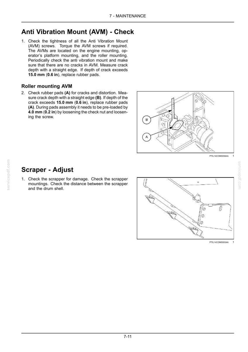 May include: Diagram from a maintenance manual showing the Anti Vibration Mount (AVM) check and Roller mounting AVM. The image includes diagrams with labels A and B, and measurements in inches.