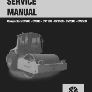 May include: A service manual cover with the text "SERVICE MANUAL" in bold white letters on a gray background. Below, it lists compactor models CV700 to CV2500. A grayscale image of a New Holland compactor is featured. The New Holland Construction logo is at the bottom.