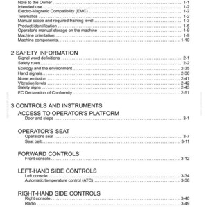 May include: A white document titled "Contents" with a list of topics and page numbers. Sections include General Information, Safety Information, Controls and Instruments, Operator's Seat, and Exterior Controls. The document is likely a manual.