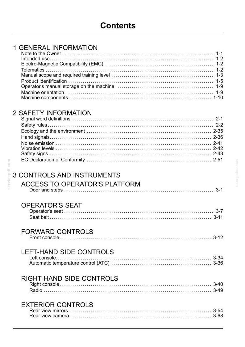 May include: A white document titled "Contents" with a list of topics and page numbers. Sections include General Information, Safety Information, Controls and Instruments, Operator's Seat, and Exterior Controls. The document is likely a manual.