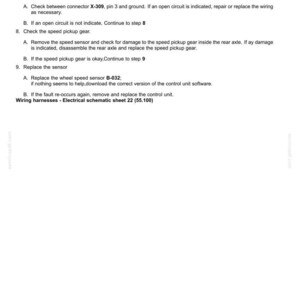 May include: A document detailing "Electrical systems - FAULT CODES" with instructions for fault diagnosis in wiring harnesses. Includes steps for checking circuits, speed pickup gear, and sensor replacement. Text includes "Wiring harnesses - Electrical schematic sheet 22 (55.100)".