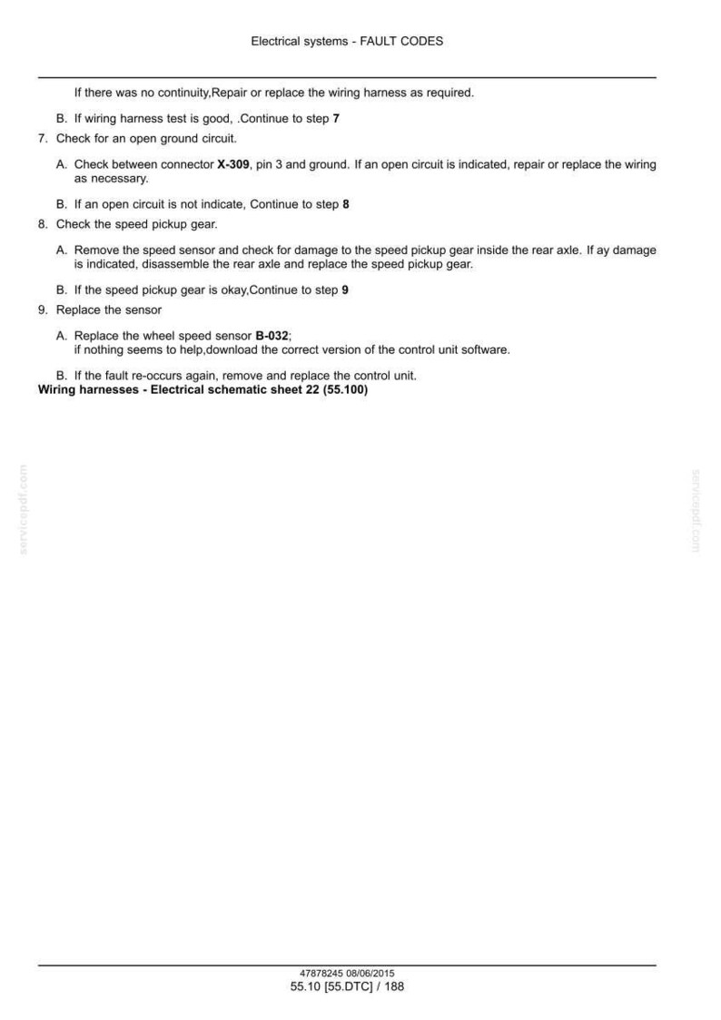 May include: A document detailing "Electrical systems - FAULT CODES" with instructions for fault diagnosis in wiring harnesses. Includes steps for checking circuits, speed pickup gear, and sensor replacement. Text includes "Wiring harnesses - Electrical schematic sheet 22 (55.100)".