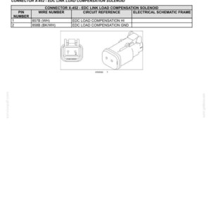 May include: Diagram of wire connectors, component diagram 45, connectors 450-459. Includes a table with pin numbers, wire numbers, circuit references, and electrical schematic frames. Also shows a connector X-452 EDC link load compensation solenoid.