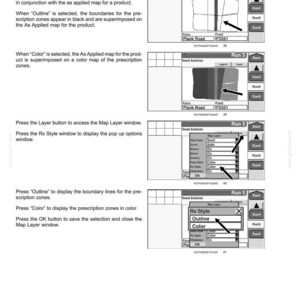 May include: A technical manual page titled 3-SETUP Prescription style, featuring four black and white diagrams illustrating software interface steps for planters, seeders, and sprayers, including Map Layer window options like Outline and Color.