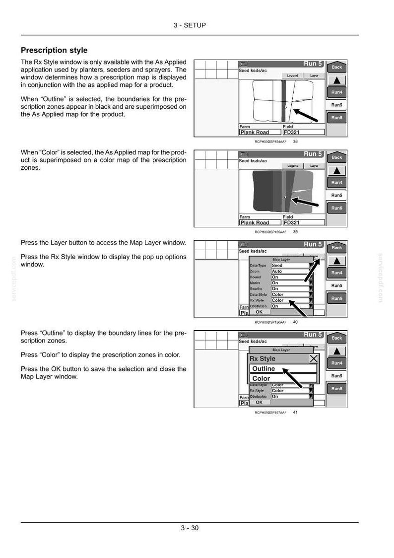 May include: A technical manual page titled 3-SETUP Prescription style, featuring four black and white diagrams illustrating software interface steps for planters, seeders, and sprayers, including Map Layer window options like Outline and Color.