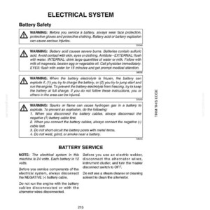 May include: A page from a manual detailing electrical system safety for batteries. Warnings about battery acid, explosions, and proper service procedures are included. The text is in black on a white background.