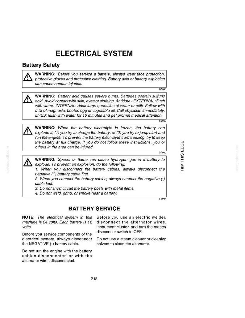 May include: A page from a manual detailing electrical system safety for batteries. Warnings about battery acid, explosions, and proper service procedures are included. The text is in black on a white background.