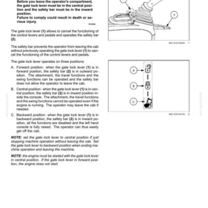 May include: Diagram of a gate lock lever and safety bar with numbered components and safety instructions. The text warns of unexpected machine movement and potential injury if the lever and bar are not in the correct positions.