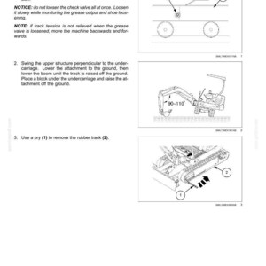 May include: Diagrams illustrating the removal of a rubber track from a machine. The image includes step-by-step instructions with labels and arrows pointing to specific parts, such as the grease valve and frame.