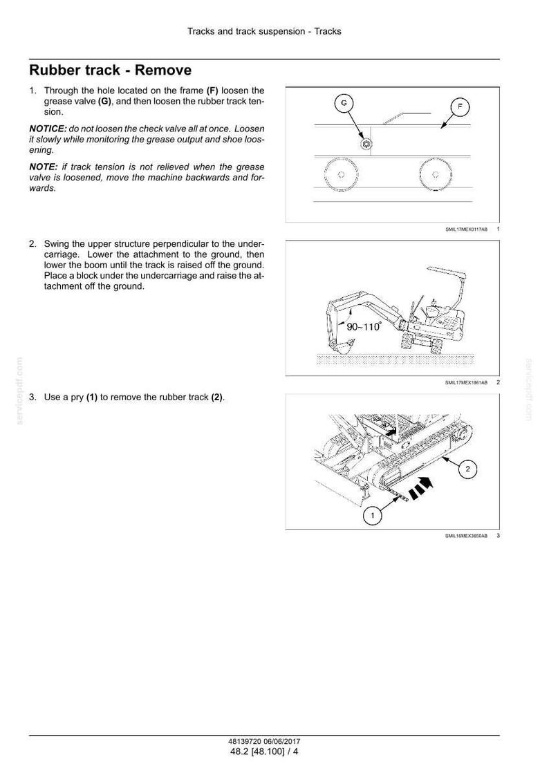 May include: Diagrams illustrating the removal of a rubber track from a machine. The image includes step-by-step instructions with labels and arrows pointing to specific parts, such as the grease valve and frame.