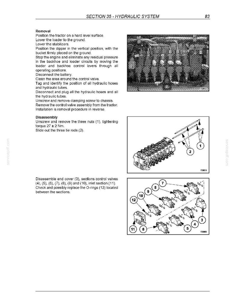 Puede incluir: P&aacute;gina de un manual que detalla el mantenimiento del sistema hidr&aacute;ulico. Incluye diagramas de componentes, numerados para su identificaci&oacute;n, e instrucciones de desmontaje. El texto incluye especificaciones de par en Nm.
