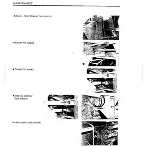 May include: A black and white technical maintenance manual page featuring five labeled diagrams of heavy machinery components, including the boom, center pin, steering cylinder, and axle support, with arrows indicating specific lubrication points.