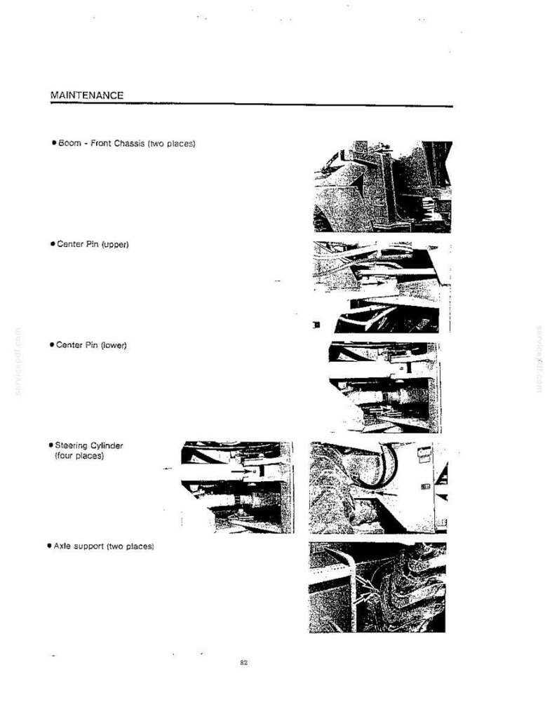 May include: A black and white technical maintenance manual page featuring five labeled diagrams of heavy machinery components, including the boom, center pin, steering cylinder, and axle support, with arrows indicating specific lubrication points.